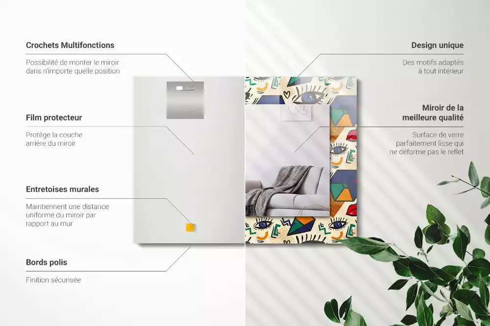 Oglindă decorativă de perete cu design abstract de ochi, gură și forme geometrice