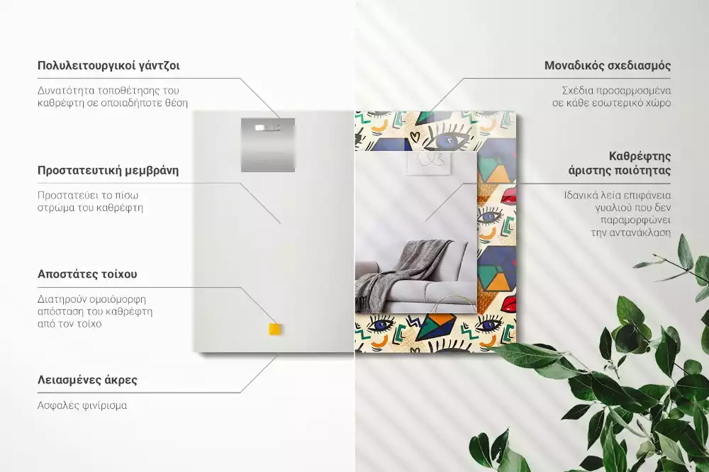 Oglindă decorativă de perete cu design abstract de ochi, gură și forme geometrice
