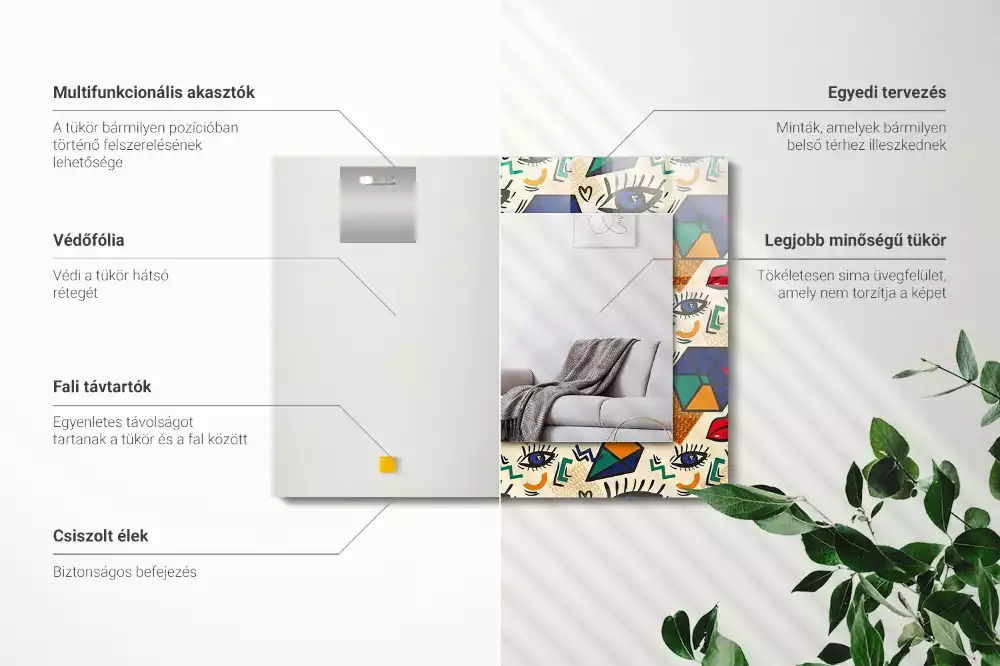 Oglindă decorativă de perete cu design abstract de ochi, gură și forme geometrice