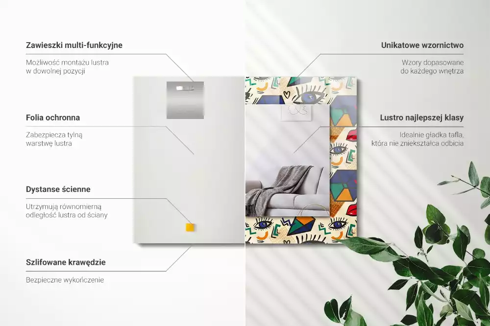 Oglindă decorativă de perete cu design abstract de ochi, gură și forme geometrice