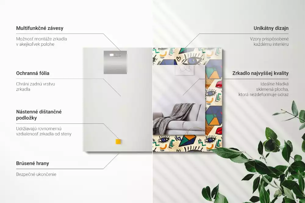 Oglindă decorativă de perete cu design abstract de ochi, gură și forme geometrice