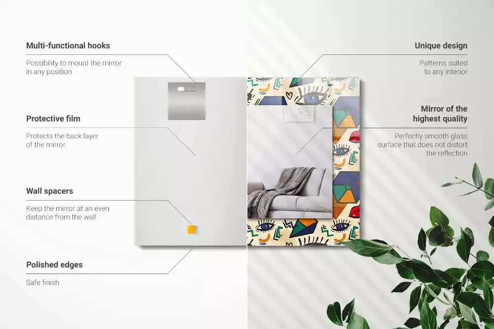 Oglindă decorativă de perete cu design abstract de ochi, gură și forme geometrice