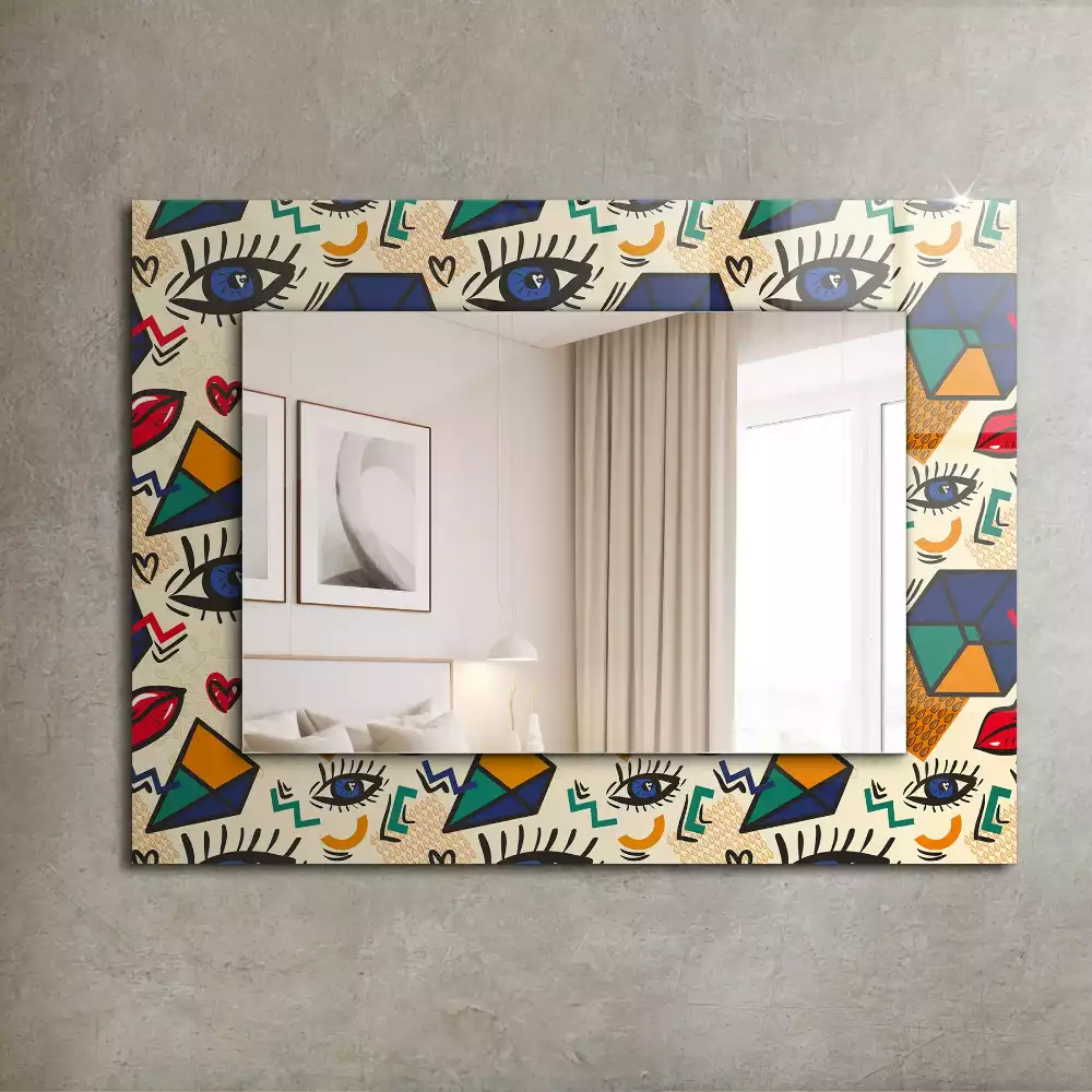 Oglindă decorativă de perete cu design abstract de ochi, gură și forme geometrice