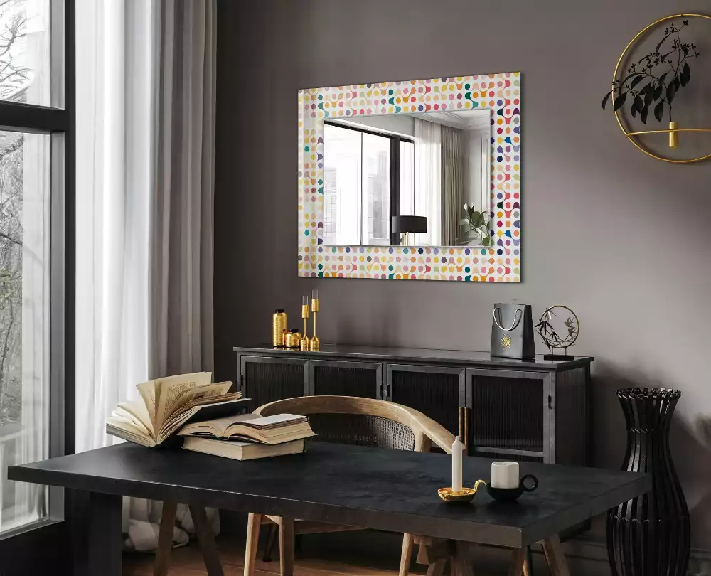 Oglindă dreptunghiulară cu ramă imprimată cu model geometric colorat