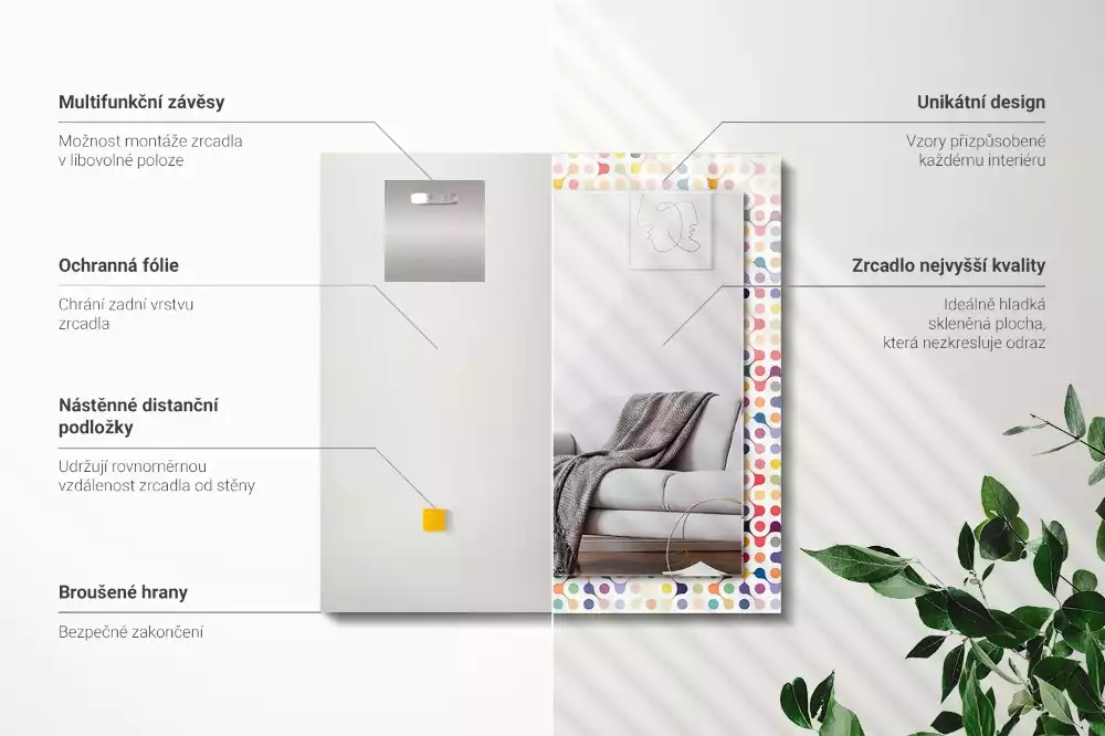 Oglindă dreptunghiulară cu ramă imprimată cu model geometric colorat