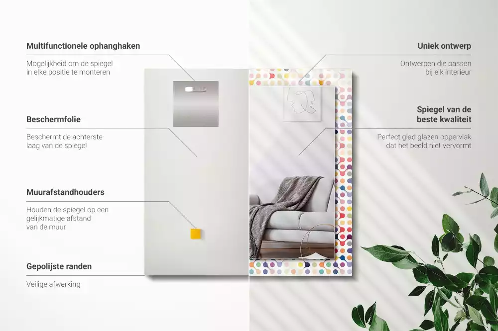 Oglindă dreptunghiulară cu ramă imprimată cu model geometric colorat
