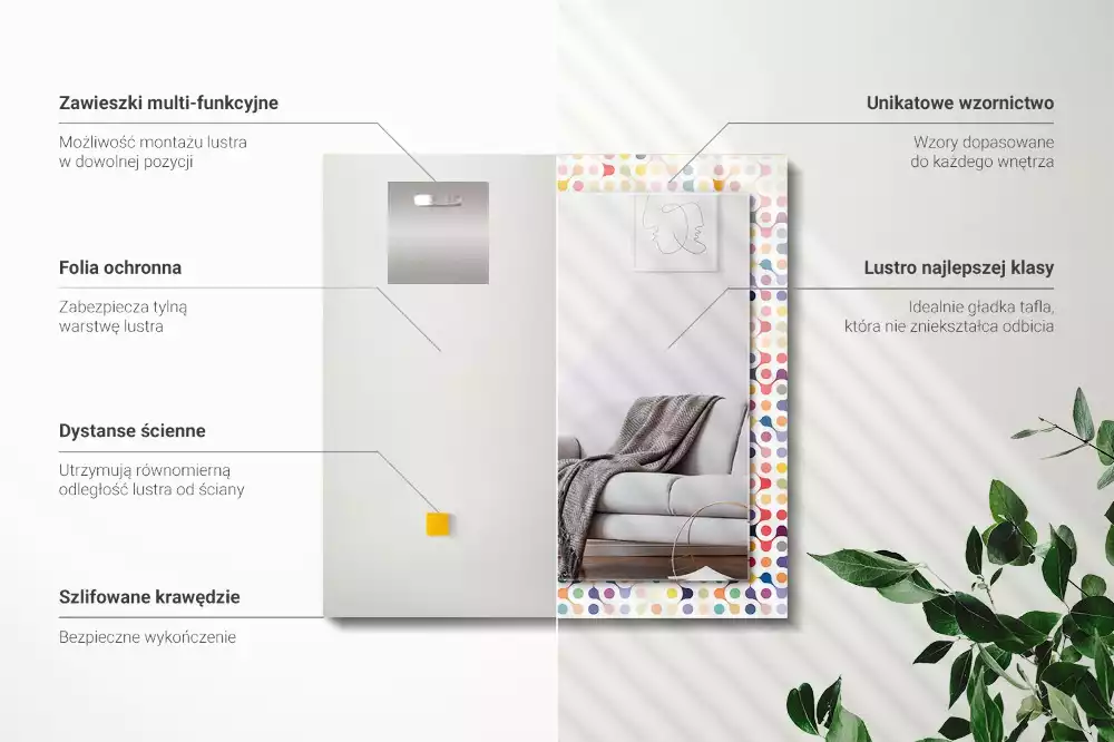 Oglindă dreptunghiulară cu ramă imprimată cu model geometric colorat