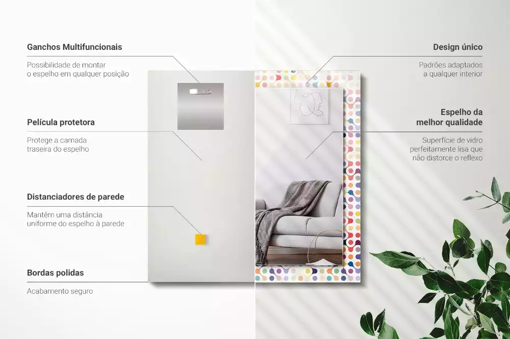 Oglindă dreptunghiulară cu ramă imprimată cu model geometric colorat