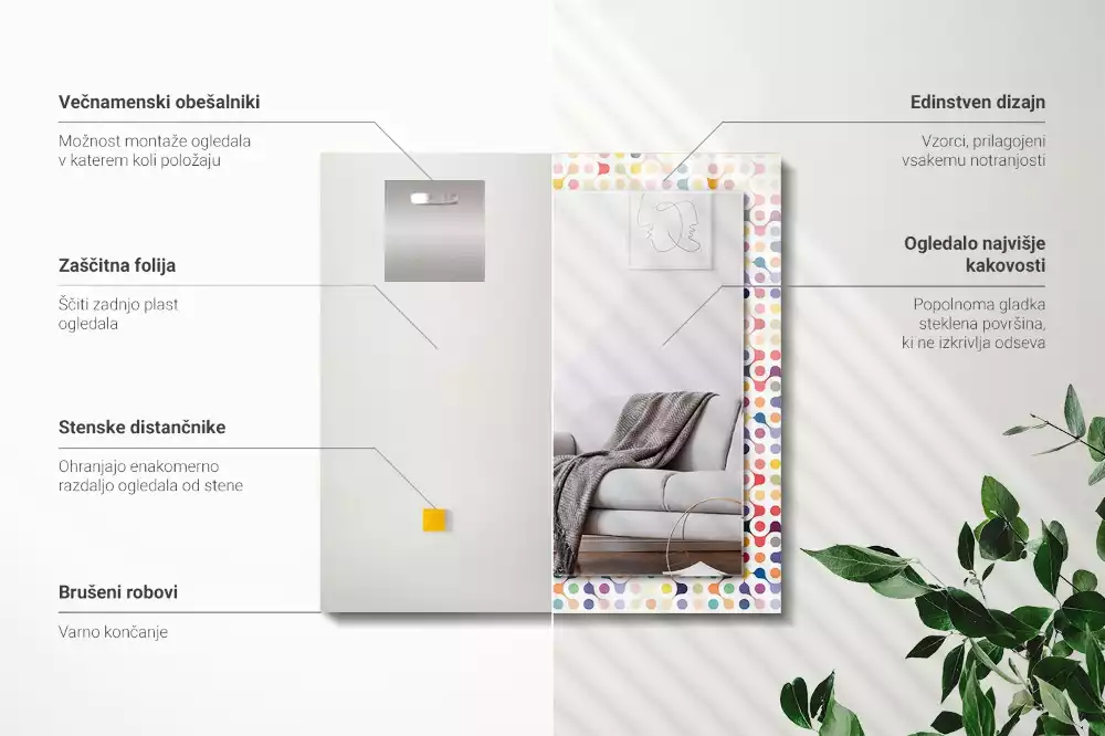 Oglindă dreptunghiulară cu ramă imprimată cu model geometric colorat
