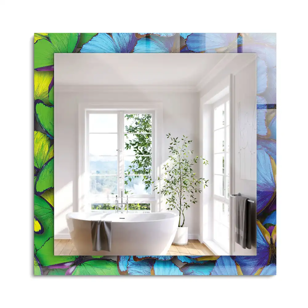 Oglindă dreptunghiulară cu decor cu fluturi albaștri și verzi