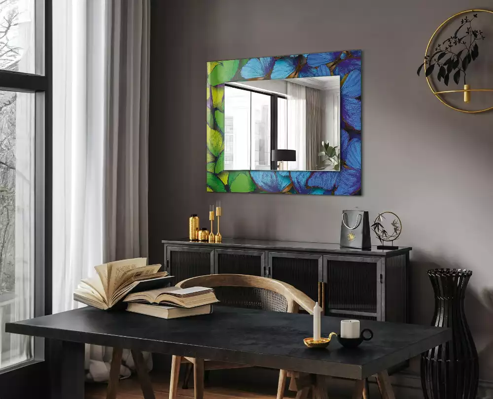 Oglindă dreptunghiulară cu decor cu fluturi albaștri și verzi