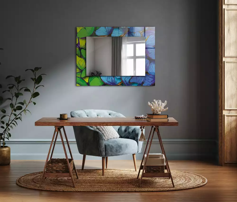 Oglindă dreptunghiulară cu decor cu fluturi albaștri și verzi