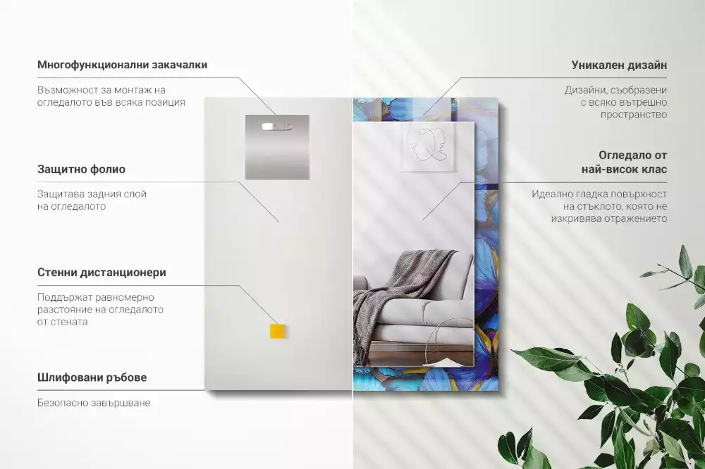 Oglindă dreptunghiulară cu decor cu fluturi albaștri și verzi