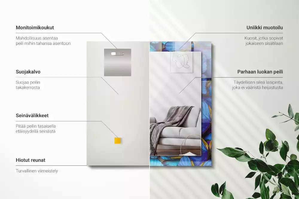Oglindă dreptunghiulară cu decor cu fluturi albaștri și verzi