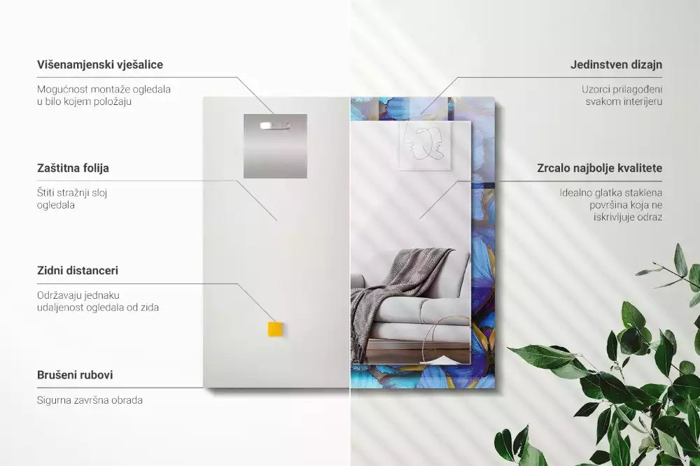 Oglindă dreptunghiulară cu decor cu fluturi albaștri și verzi