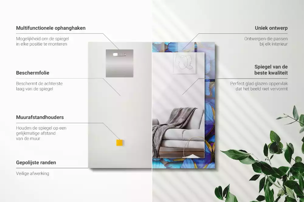 Oglindă dreptunghiulară cu decor cu fluturi albaștri și verzi