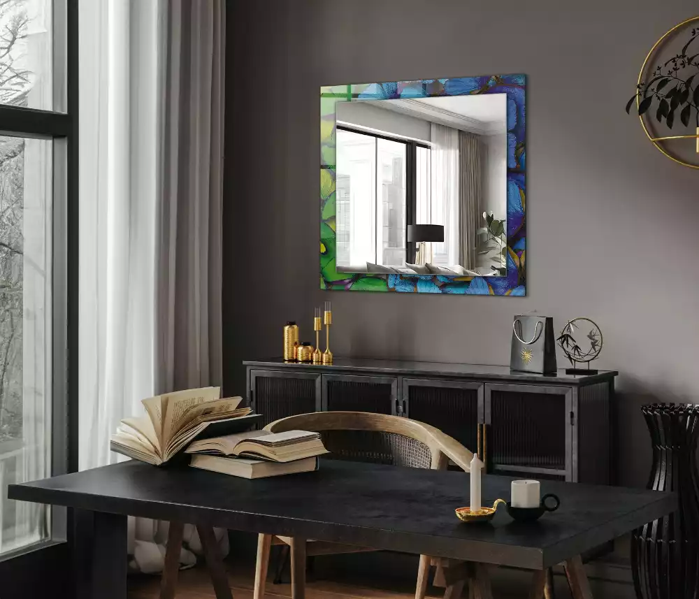Oglindă dreptunghiulară cu decor cu fluturi albaștri și verzi