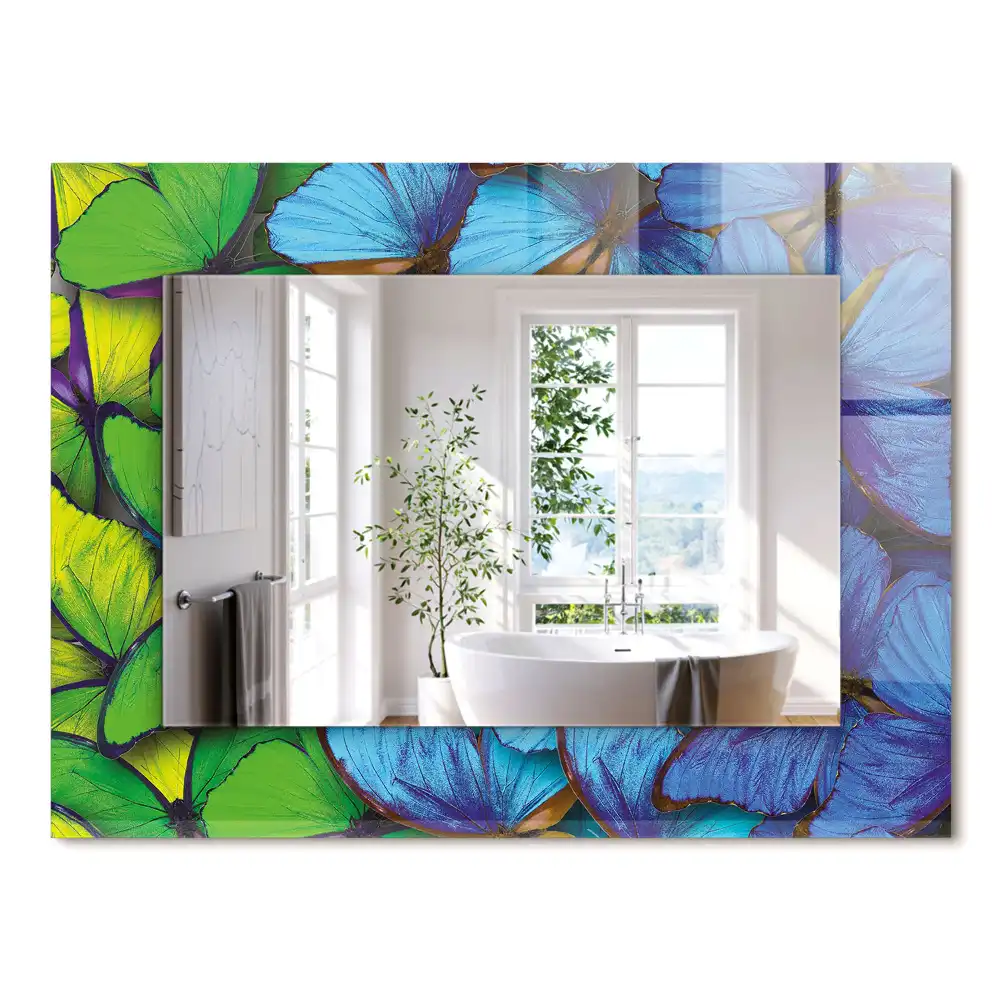 Oglindă dreptunghiulară cu decor cu fluturi albaștri și verzi