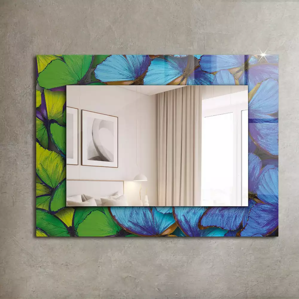 Oglindă dreptunghiulară cu decor cu fluturi albaștri și verzi