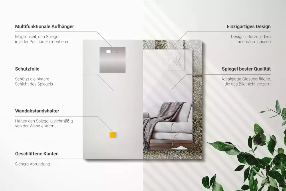 Oglindă dreptunghiulară cu model ornamental auriu imprimat