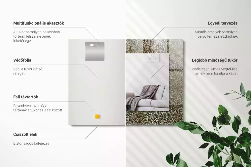 Oglindă dreptunghiulară cu model ornamental auriu imprimat