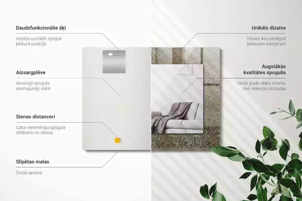 Oglindă dreptunghiulară cu model ornamental auriu imprimat