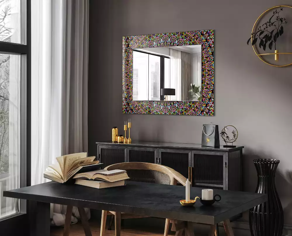 Oglindă dreptunghiulară cu ramă imprimată cu model mandala colorat