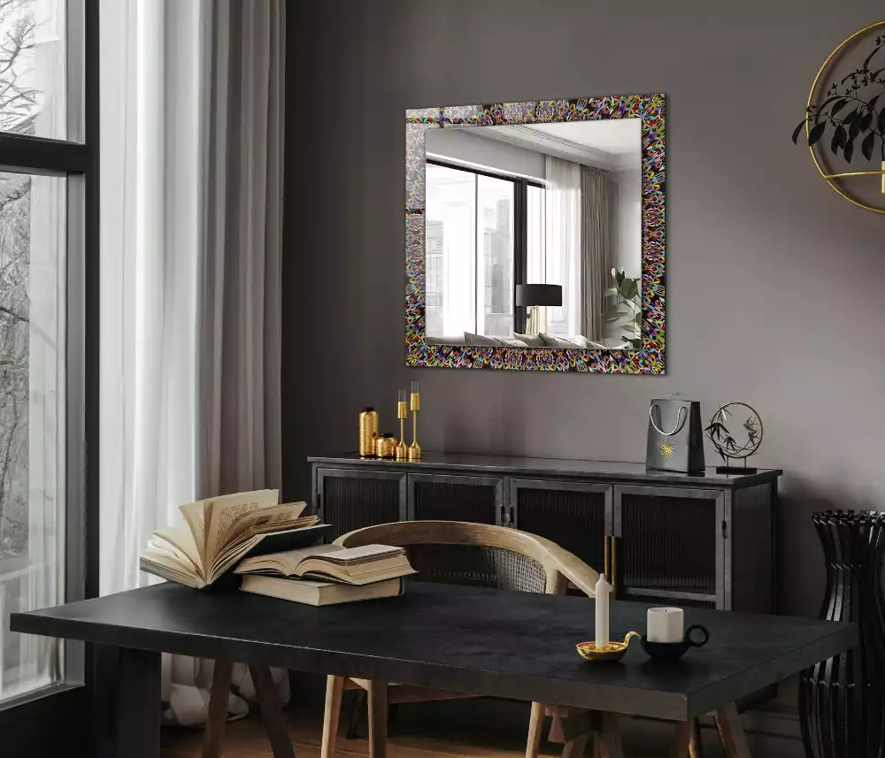 Oglindă dreptunghiulară cu ramă imprimată cu model mandala colorat