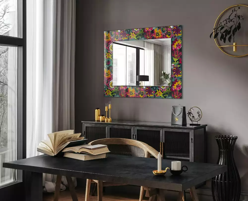 Oglindă dreptunghiulară cu decor floral colorat