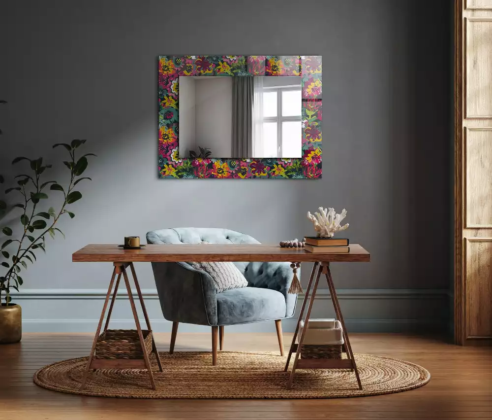 Oglindă dreptunghiulară cu decor floral colorat