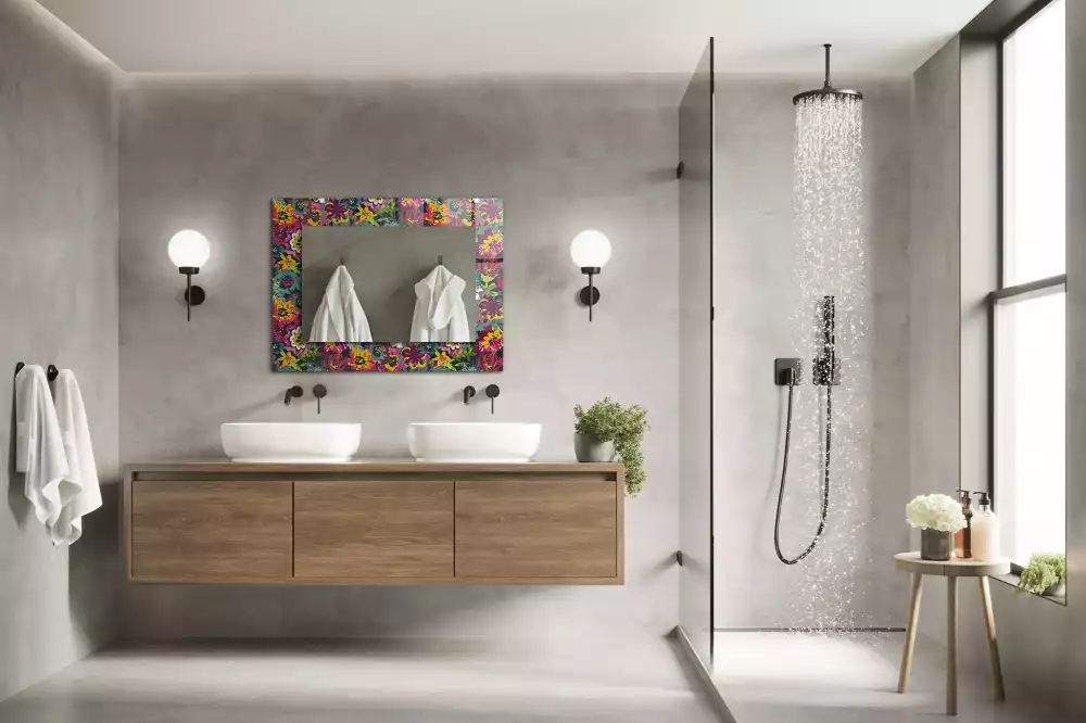 Oglindă dreptunghiulară cu decor floral colorat