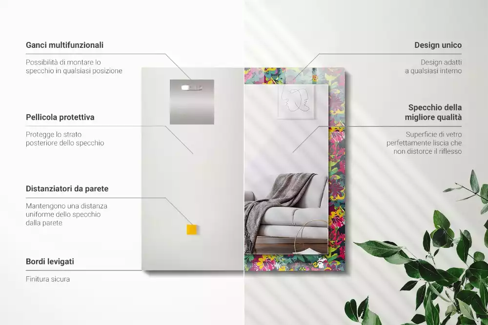 Oglindă dreptunghiulară cu decor floral colorat