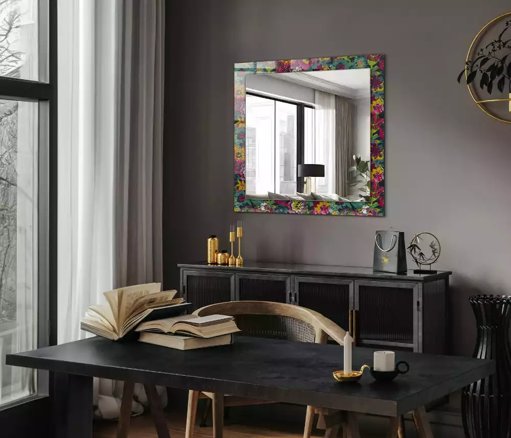 Oglindă dreptunghiulară cu decor floral colorat