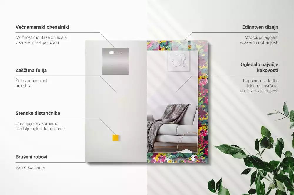 Oglindă dreptunghiulară cu decor floral colorat