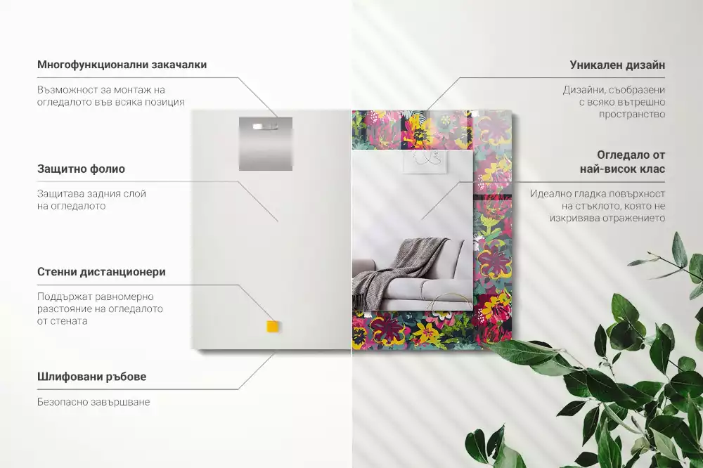 Oglindă dreptunghiulară cu decor floral colorat