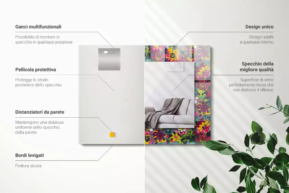 Oglindă dreptunghiulară cu decor floral colorat