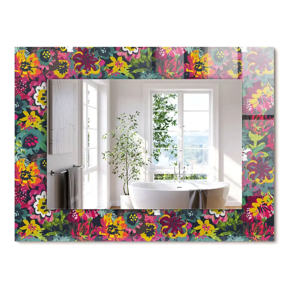Oglindă dreptunghiulară cu decor floral colorat