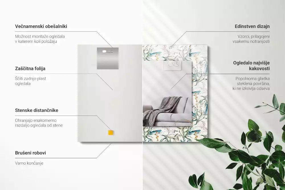 Oglindă dreptunghiulară de perete cu model floral în acuarelă