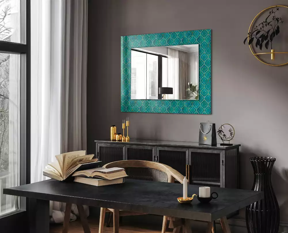 Oglindă dreptunghiulară cu model geometric imprimat verde