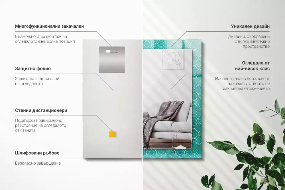 Oglindă dreptunghiulară cu model geometric imprimat verde
