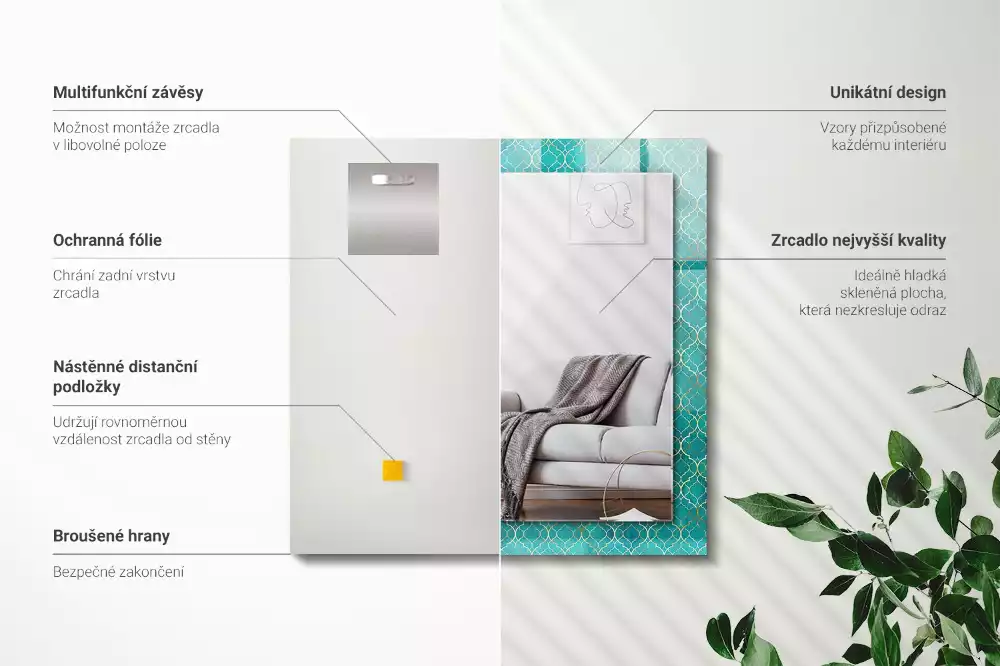 Oglindă dreptunghiulară cu model geometric imprimat verde