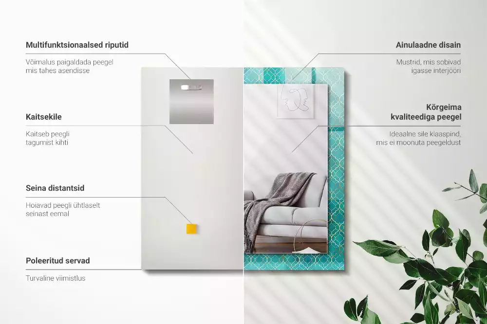 Oglindă dreptunghiulară cu model geometric imprimat verde