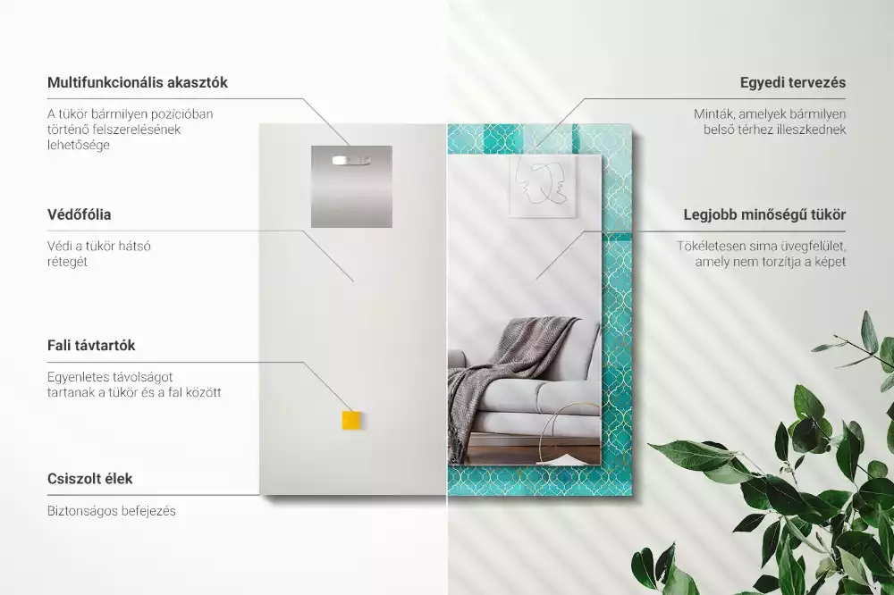 Oglindă dreptunghiulară cu model geometric imprimat verde