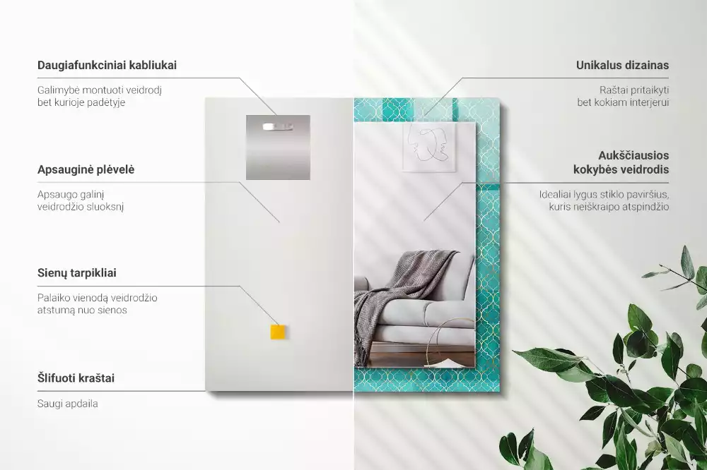 Oglindă dreptunghiulară cu model geometric imprimat verde