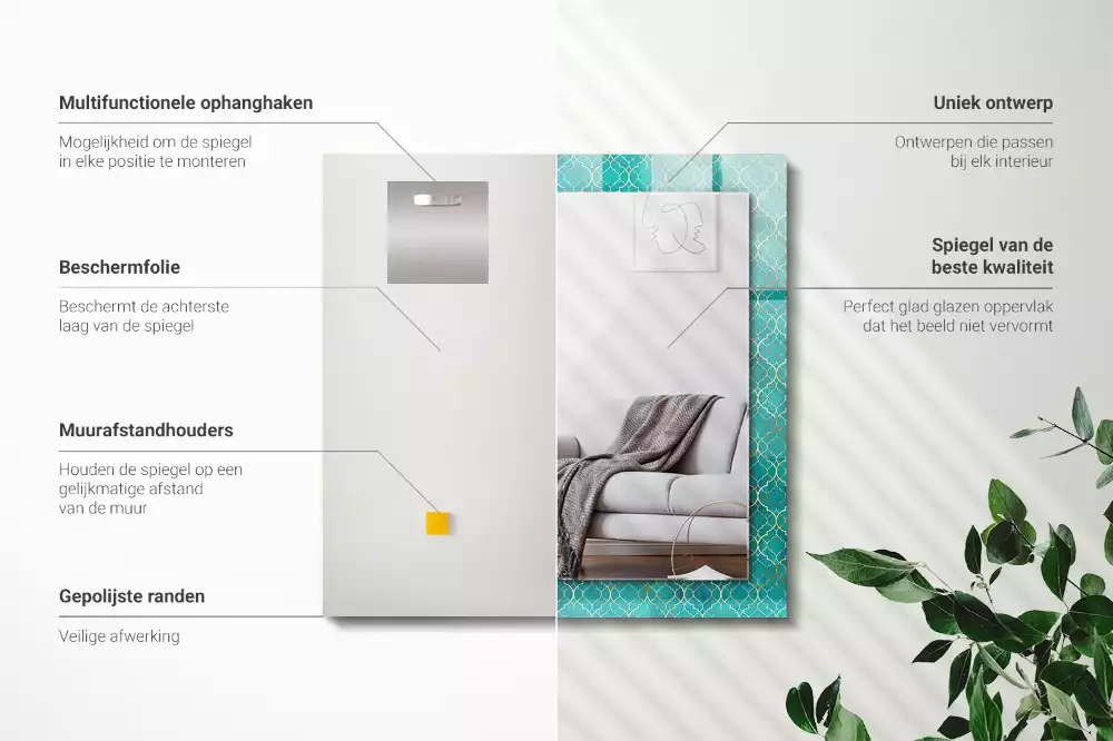 Oglindă dreptunghiulară cu model geometric imprimat verde