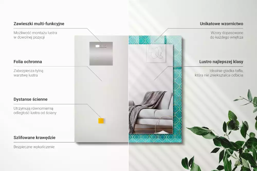 Oglindă dreptunghiulară cu model geometric imprimat verde