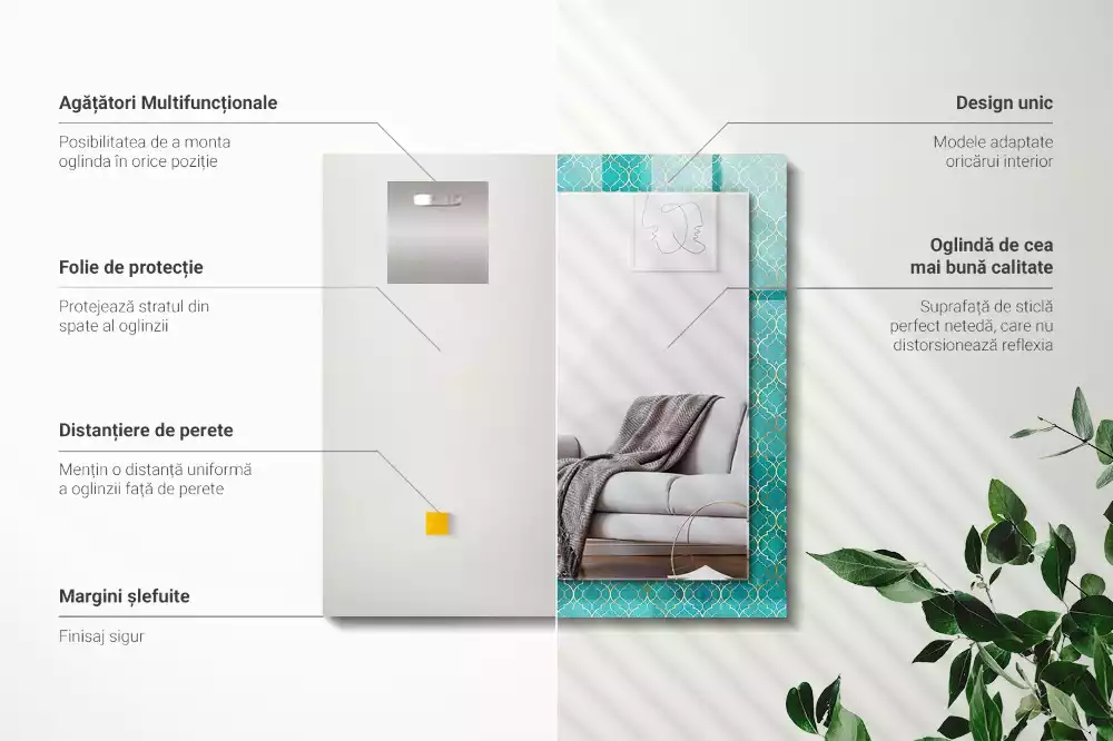 Oglindă dreptunghiulară cu model geometric imprimat verde
