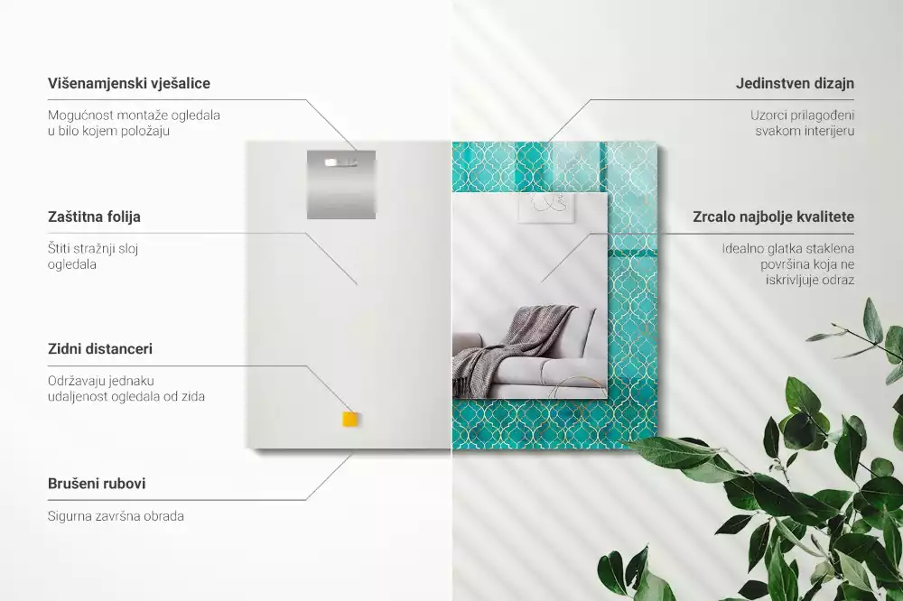 Oglindă dreptunghiulară cu model geometric imprimat verde