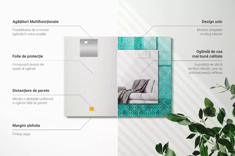 Oglindă dreptunghiulară cu model geometric imprimat verde