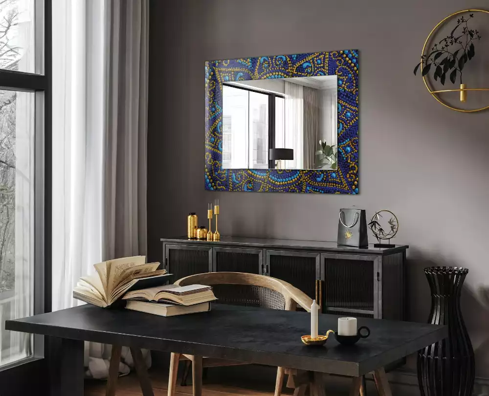 Oglindă decorativă de perete dreptunghiulară cu model mandala punctată albastră